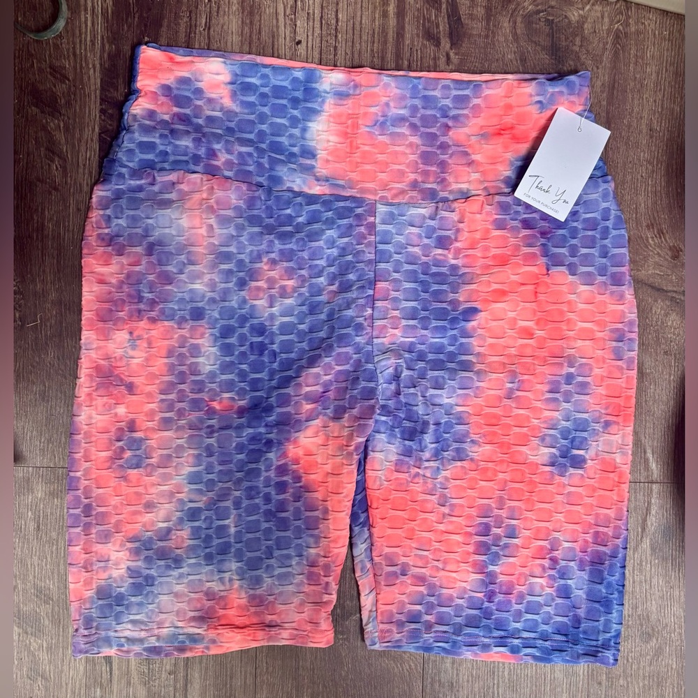 NEW! Zenana Outfitters Neon Tie Dye Textured Honey Butt Workout Shorts 3XL